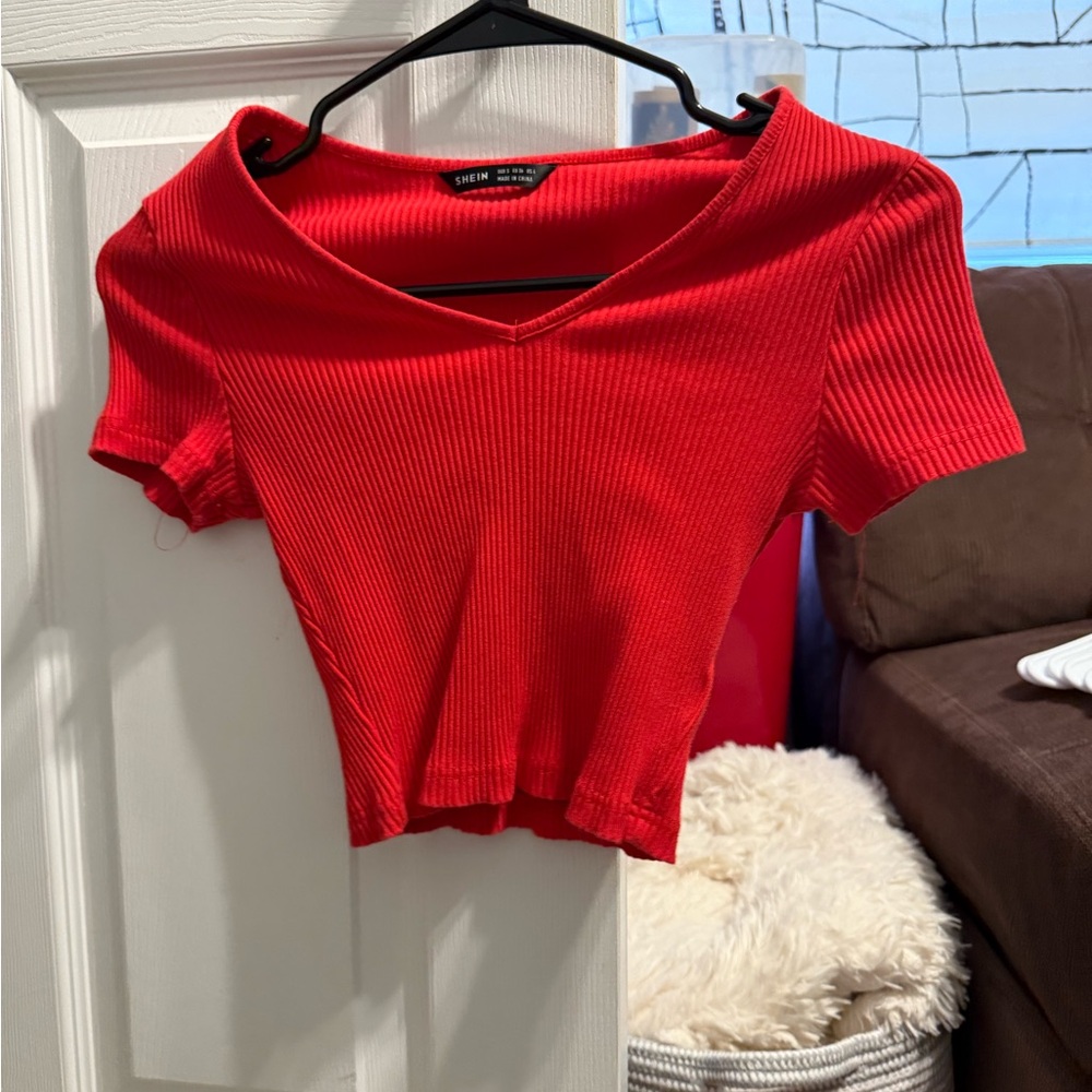 SHEIN Vibrant Red V-Neck Ribbed Crop Top